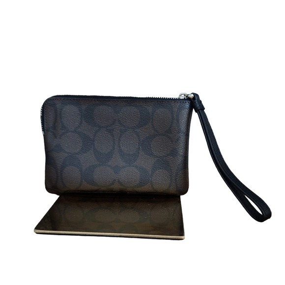 Coach Wristlet F22713 Brown Black Platinum Sig C Corner Zip - Picture 3 of 8